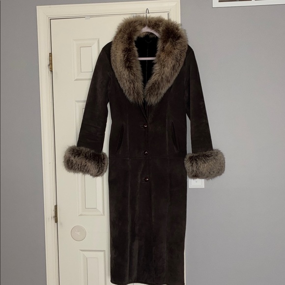 Jackets & Blazers - Long Brown Suede Coat with Mink Fur Trim - Women's Size M